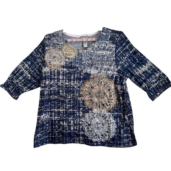 Catherine’s Tops - Catherine’s Bejeweled Tunic Top 3/4 Sleeve Blue Gold Grey SZ 1X Plus